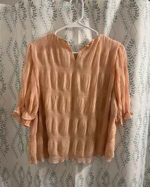 Realstyle Salmon Pink Smocked Pleated Puff Sleeve Blouse